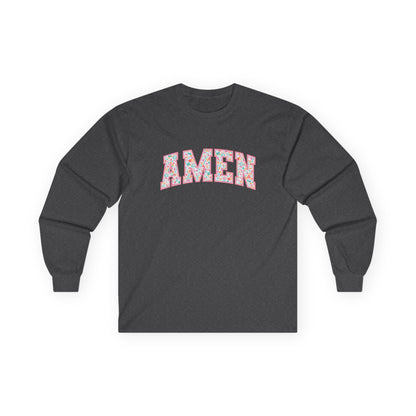 Amen Floral Long Sleeve Tee — White Cotton Graphic Shirt