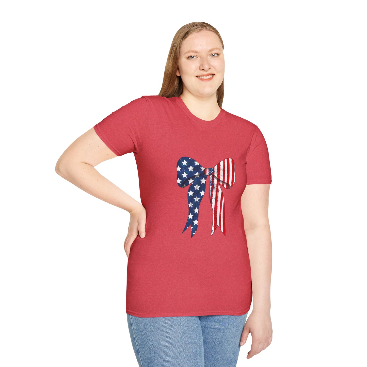Patriotic Bow T-Shirt, American Flag Graphic Top, Unisex Tee for Fourth of July, Casual Wear, Gift for Veterans, Independence Day Apparel