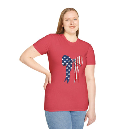 Patriotic Bow T-Shirt, American Flag Graphic Top, Unisex Tee for Fourth of July, Casual Wear, Gift for Veterans, Independence Day Apparel