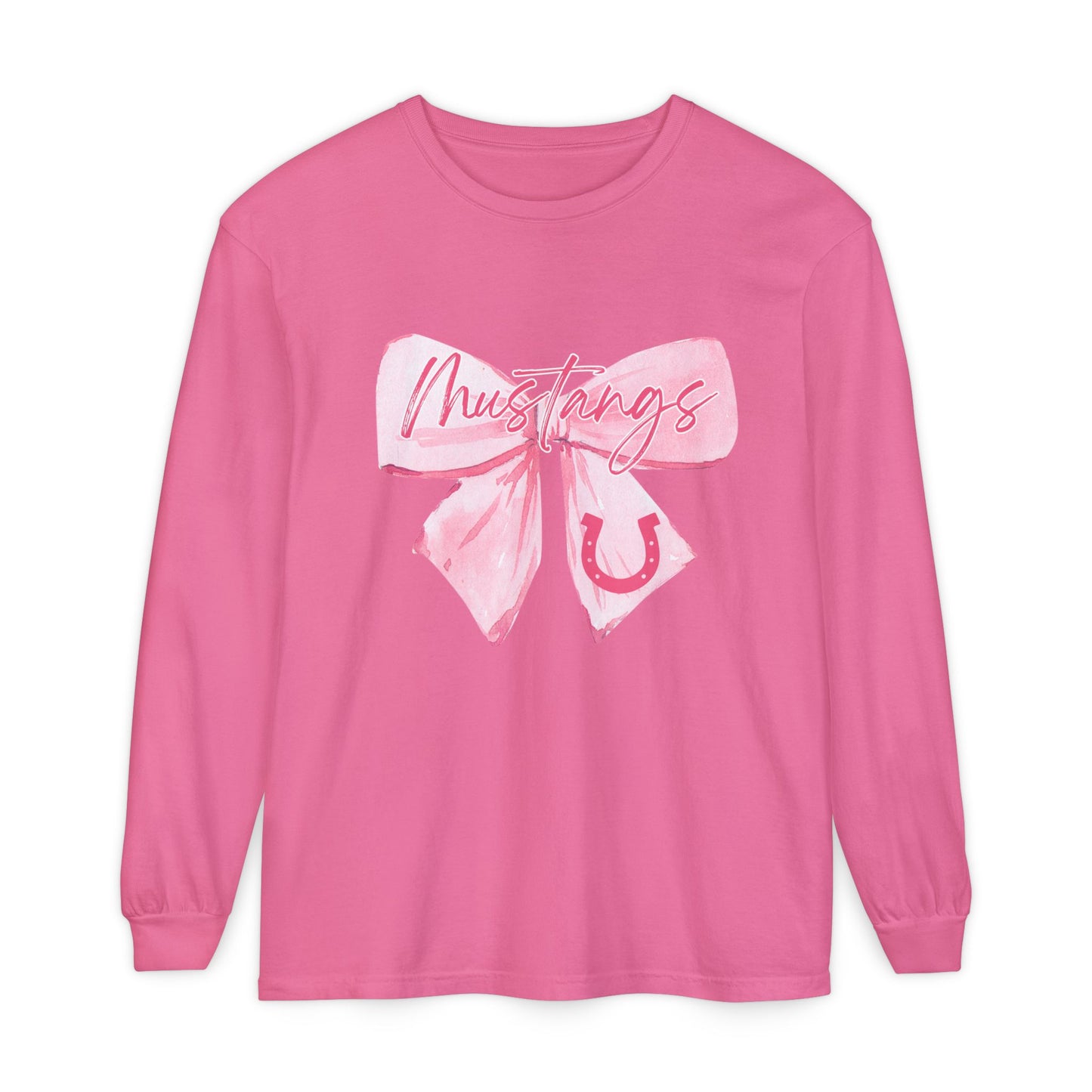 Mustangs Pink Bow Long Sleeve T-Shirt | Stylish Unisex Tee for Horse Lovers | Perfect Gift for Birthdays, Equine Events, or Casual Wear