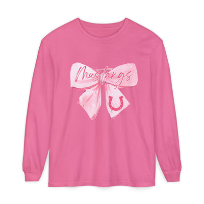 Mustangs Pink Bow Long Sleeve T-Shirt | Stylish Unisex Tee for Horse Lovers | Perfect Gift for Birthdays, Equine Events, or Casual Wear