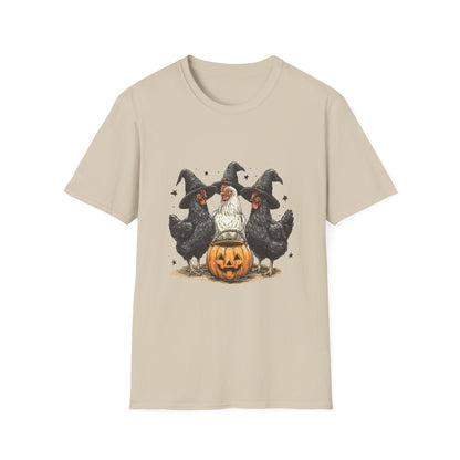 Halloween Witch Chickens Unisex Softstyle T-Shirt, Cute Fall Tee, Halloween Costume Shirt, Spooky Fun Apparel, Gift for Chicken Lovers