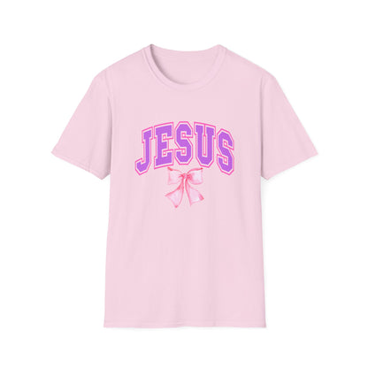 Jesus Bow Graphic Unisex Softstyle T-Shirt, Faith-Based Gift, Cute Christian Tee, Religious Apparel, Pastel Aesthetic Fashion