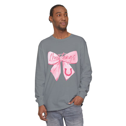 Mustangs Pink Bow Long Sleeve T-Shirt | Stylish Unisex Tee for Horse Lovers | Perfect Gift for Birthdays, Equine Events, or Casual Wear