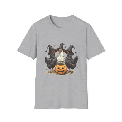 Halloween Witch Chickens Unisex Softstyle T-Shirt, Cute Fall Tee, Halloween Costume Shirt, Spooky Fun Apparel, Gift for Chicken Lovers