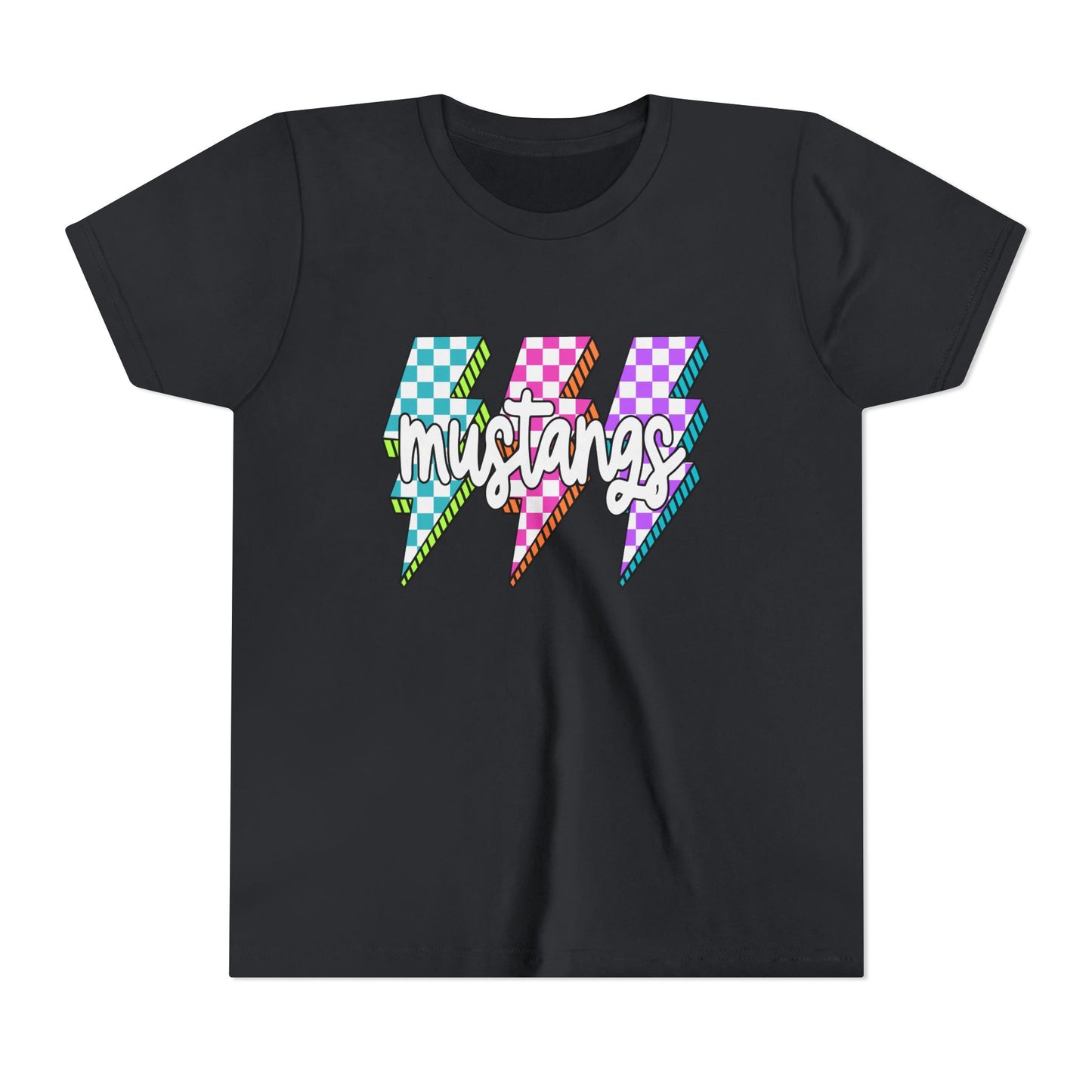 Vibrant Youth Tee - ‘Mustangs’ Graphic Short Sleeve Shirt for Kids, Perfect for Birthdays, Sports, Back to School, Gifts, and Casual Wear