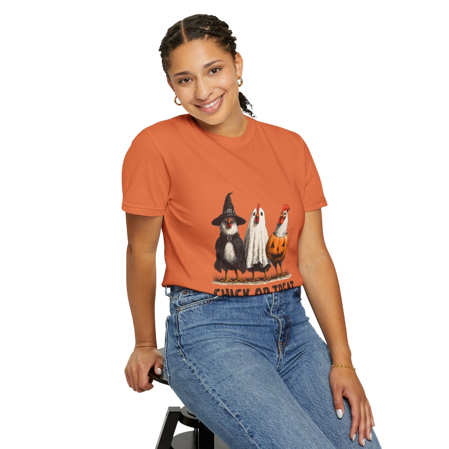 Halloween Chick or Treat T-Shirt, Unisex Garment-Dyed Tee for Fall Festivals, Funny Halloween Shirt, Cozy Halloween Apparel, Seasonal Gift