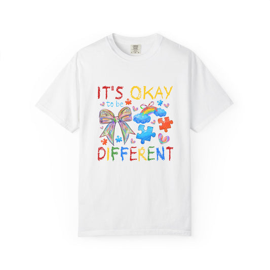 Unisex Garment-Dyed T-Shirt with Inspirational Message - It's Okay to be Different, Rainbow Puzzle Tee, Gift for Autism Awareness, [...]