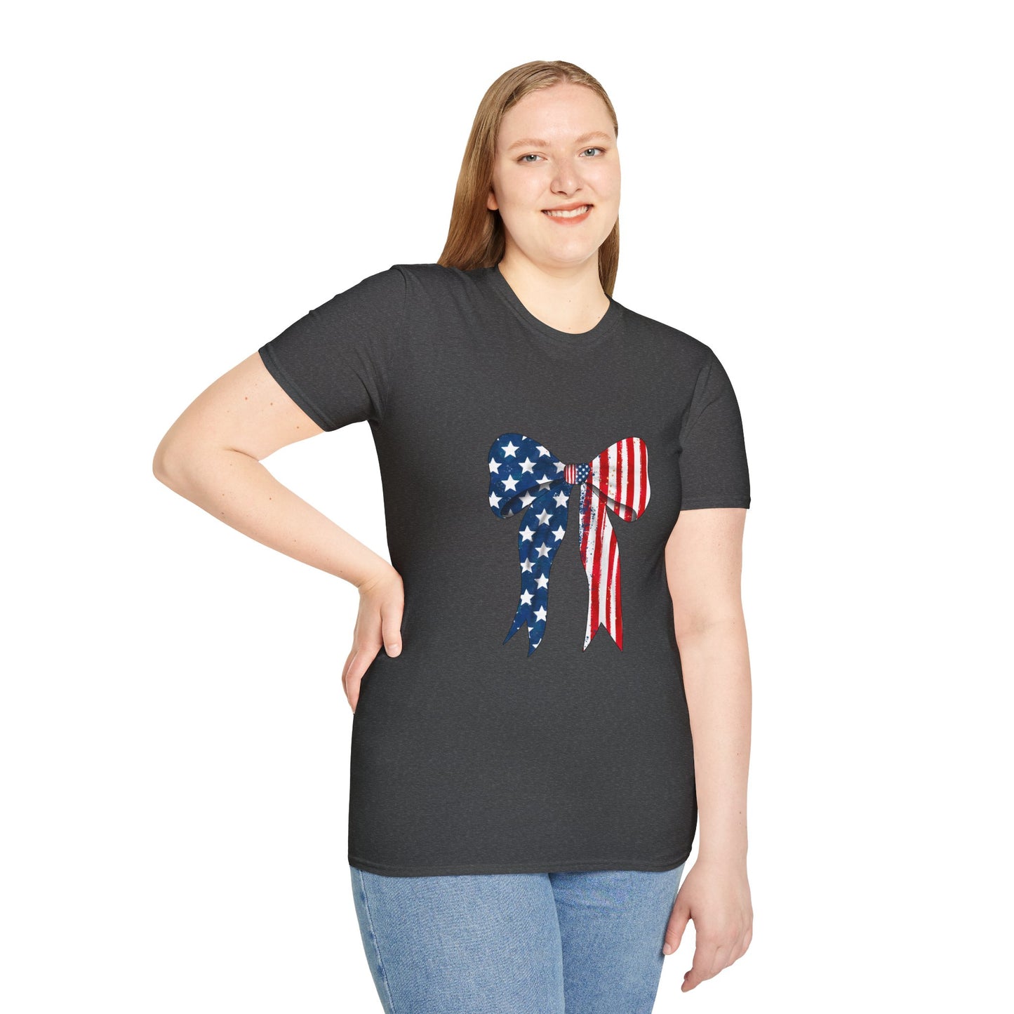 Patriotic Bow T-Shirt, American Flag Graphic Top, Unisex Tee for Fourth of July, Casual Wear, Gift for Veterans, Independence Day Apparel