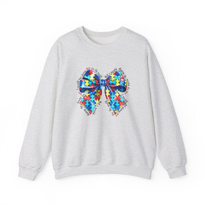 Autism Awareness Puzzle Bow Sweatshirt, Unisex Crewneck, Cozy Gift for Families, Support Autism, Everyday Wear, Holiday Apparel