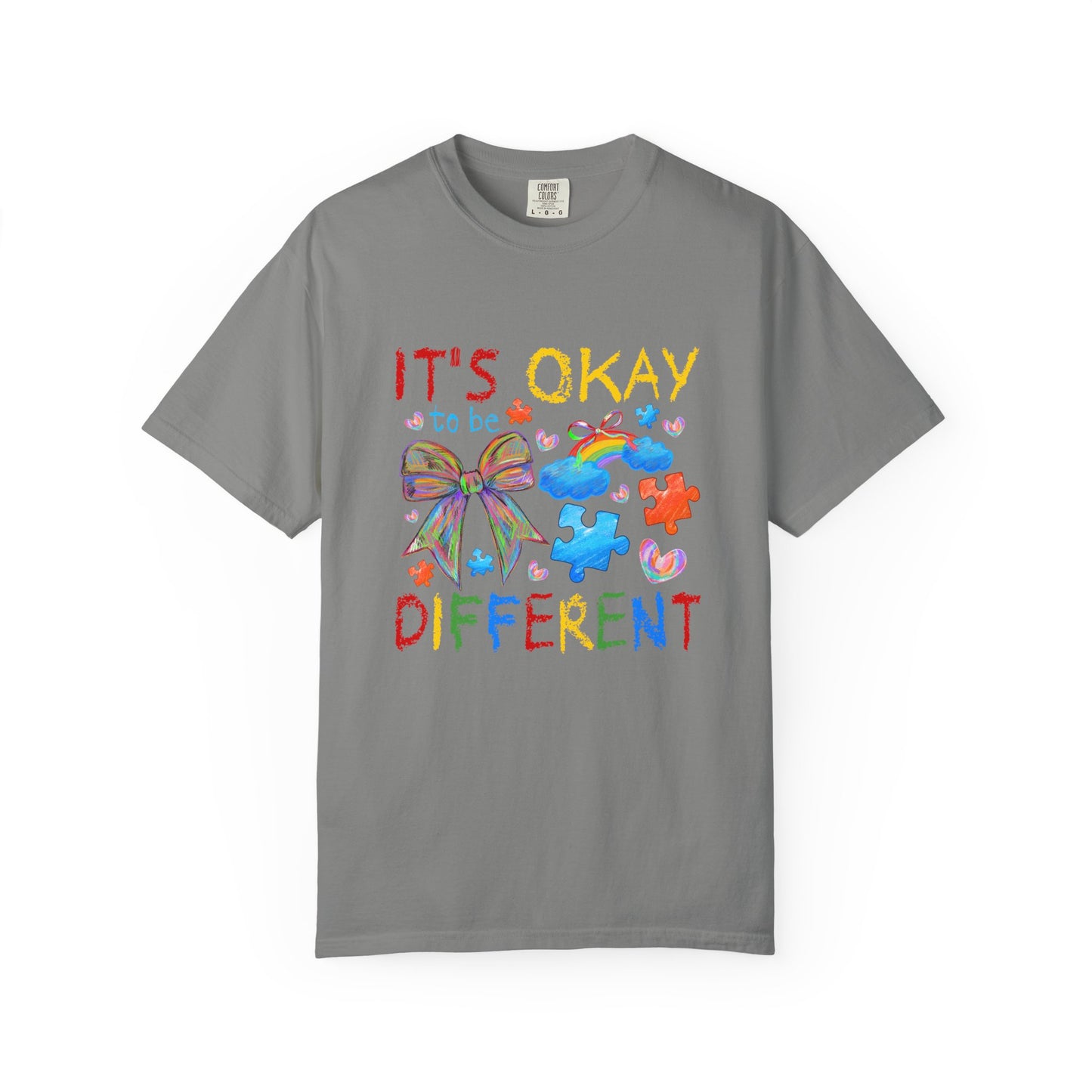 Unisex Garment-Dyed T-Shirt with Inspirational Message - It's Okay to be Different, Rainbow Puzzle Tee, Gift for Autism Awareness, [...]