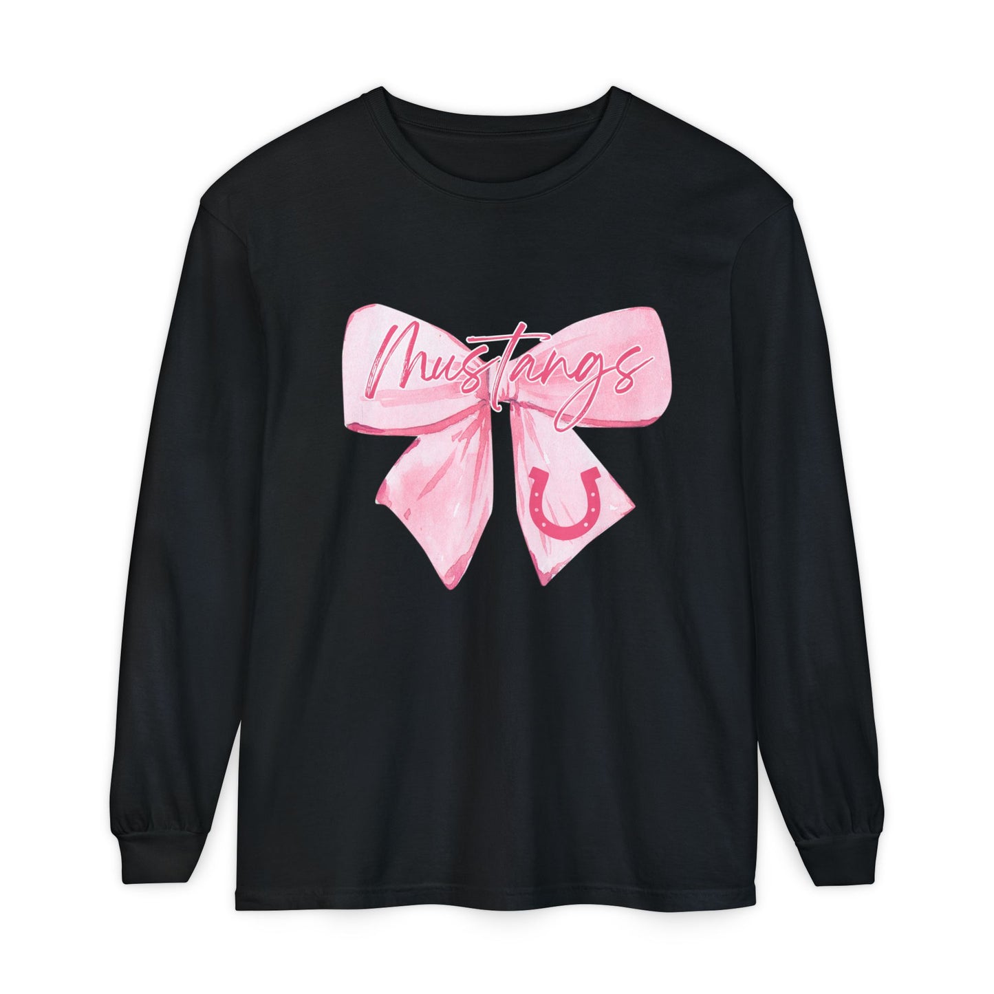 Mustangs Pink Bow Long Sleeve T-Shirt | Stylish Unisex Tee for Horse Lovers | Perfect Gift for Birthdays, Equine Events, or Casual Wear