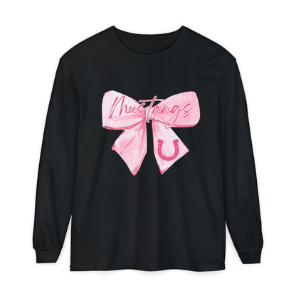 Mustangs Pink Bow Long Sleeve T-Shirt | Stylish Unisex Tee for Horse Lovers | Perfect Gift for Birthdays, Equine Events, or Casual Wear
