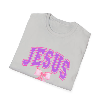 Jesus Bow Graphic Unisex Softstyle T-Shirt, Faith-Based Gift, Cute Christian Tee, Religious Apparel, Pastel Aesthetic Fashion