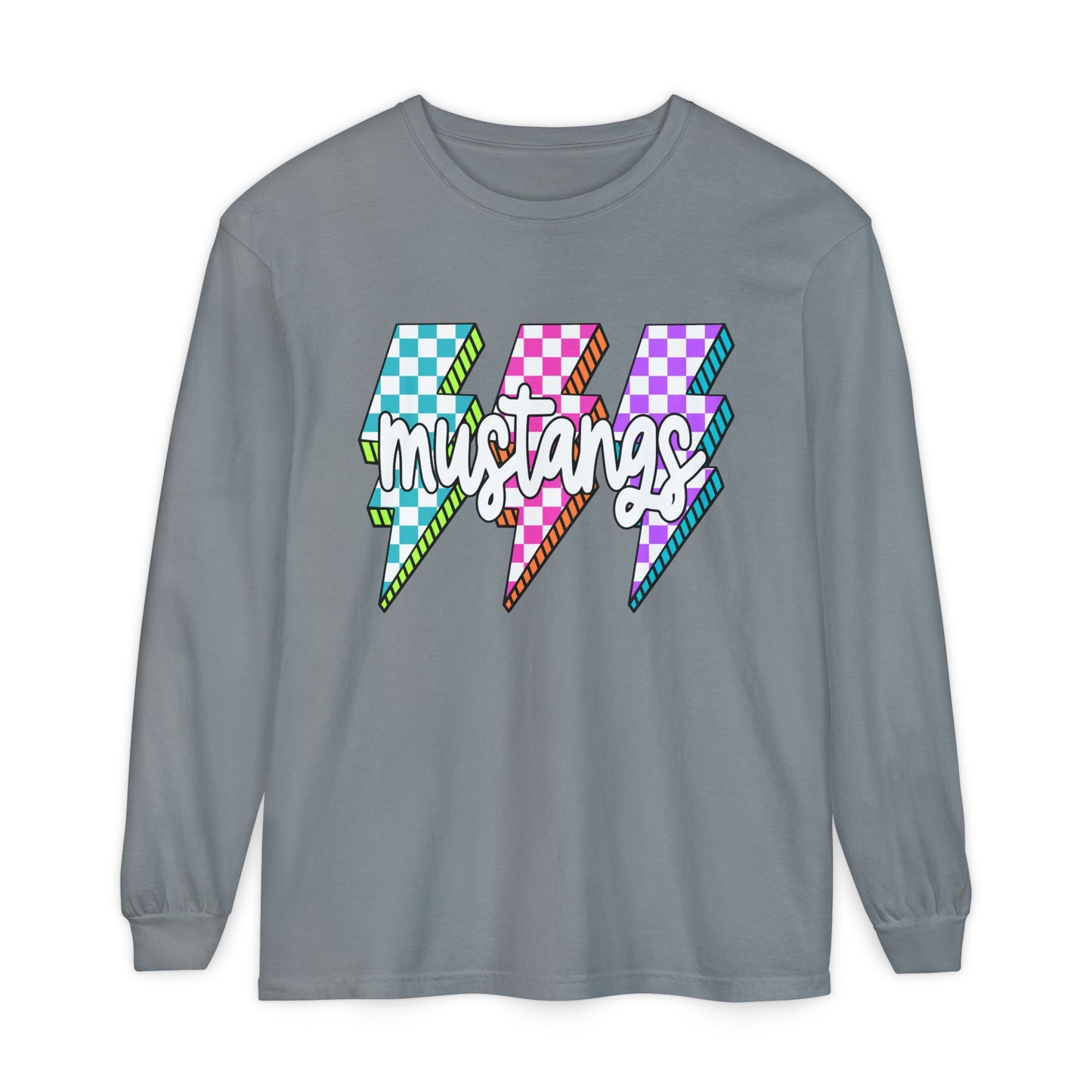 Colorful Mustangs Garment-Dyed Long Sleeve Tee, Unisex T-Shirt, Casual Wear, Gift for Mustang Lovers, Retro Graphic Shirt