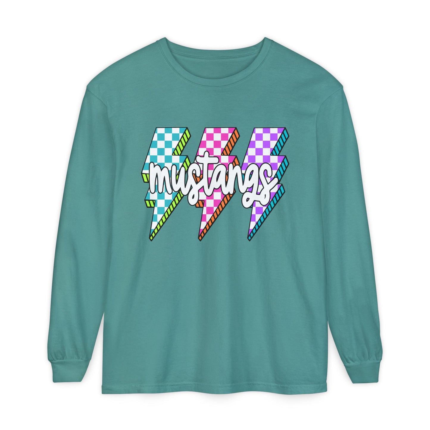 Colorful Mustangs Garment-Dyed Long Sleeve Tee, Unisex T-Shirt, Casual Wear, Gift for Mustang Lovers, Retro Graphic Shirt