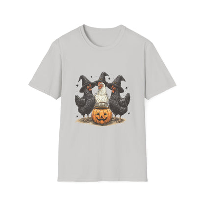 Halloween Witch Chickens Unisex Softstyle T-Shirt, Cute Fall Tee, Halloween Costume Shirt, Spooky Fun Apparel, Gift for Chicken Lovers