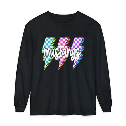Colorful Mustangs Garment-Dyed Long Sleeve Tee, Unisex T-Shirt, Casual Wear, Gift for Mustang Lovers, Retro Graphic Shirt