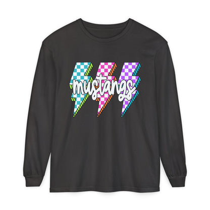 Colorful Mustangs Garment-Dyed Long Sleeve Tee, Unisex T-Shirt, Casual Wear, Gift for Mustang Lovers, Retro Graphic Shirt