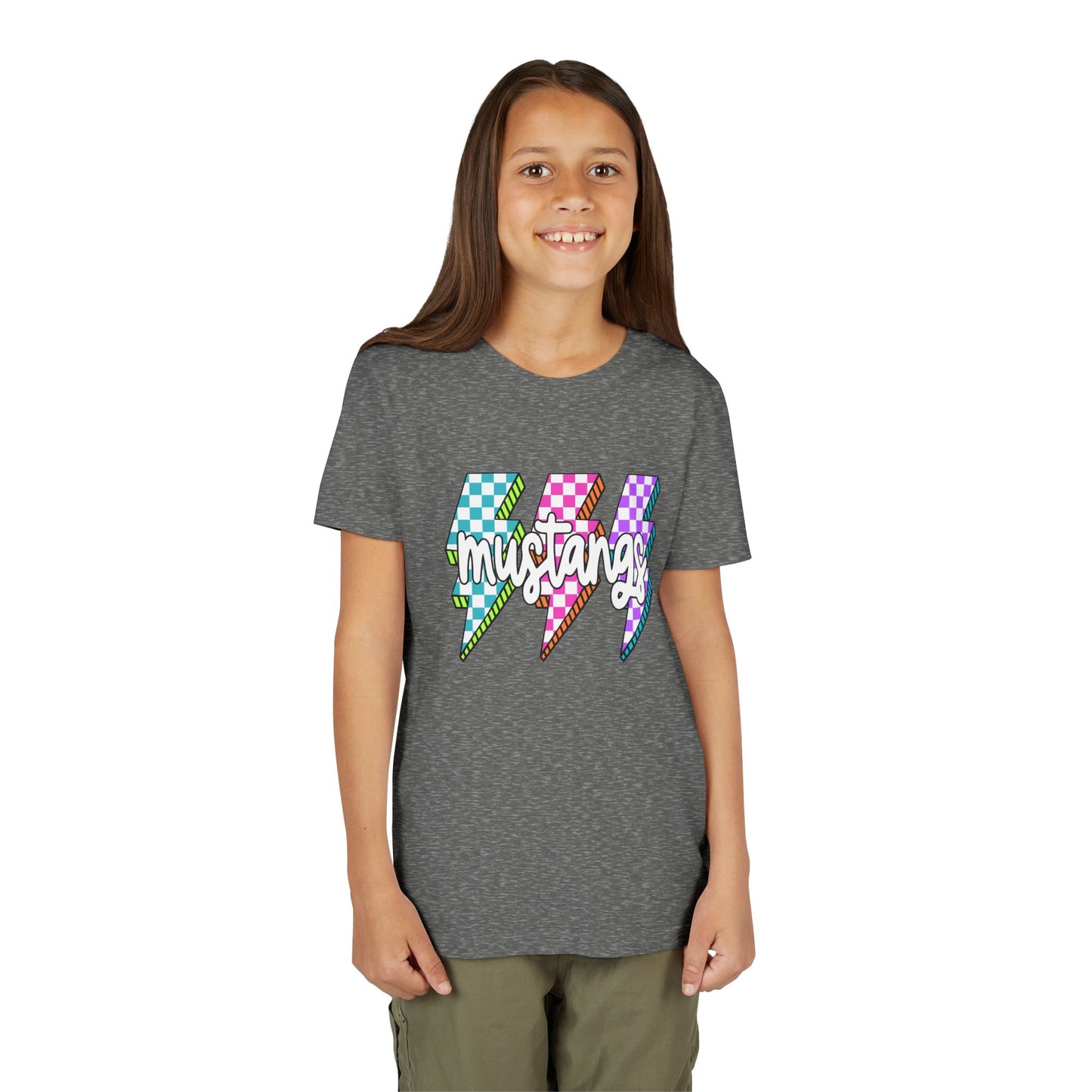 Vibrant Youth Tee - ‘Mustangs’ Graphic Short Sleeve Shirt for Kids, Perfect for Birthdays, Sports, Back to School, Gifts, and Casual Wear
