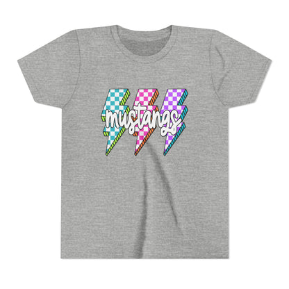 Vibrant Youth Tee - ‘Mustangs’ Graphic Short Sleeve Shirt for Kids, Perfect for Birthdays, Sports, Back to School, Gifts, and Casual Wear