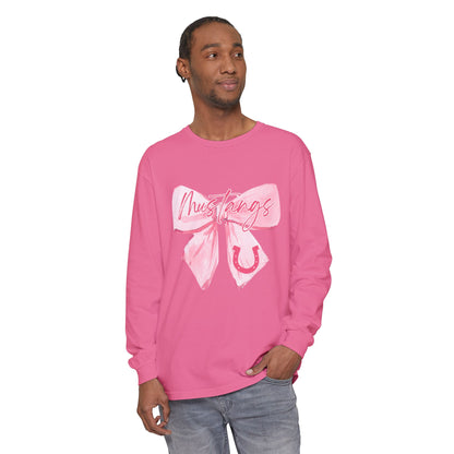 Mustangs Pink Bow Long Sleeve T-Shirt | Stylish Unisex Tee for Horse Lovers | Perfect Gift for Birthdays, Equine Events, or Casual Wear