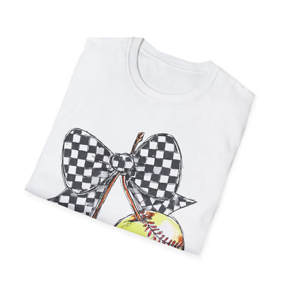 Softball Bow Unisex T-Shirt, Softball Mom Gift, Sporty Graphic Tee, Casual Wear, Team Spirit Shirt