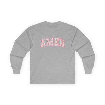 Amen Floral Long Sleeve Tee — White Cotton Graphic Shirt