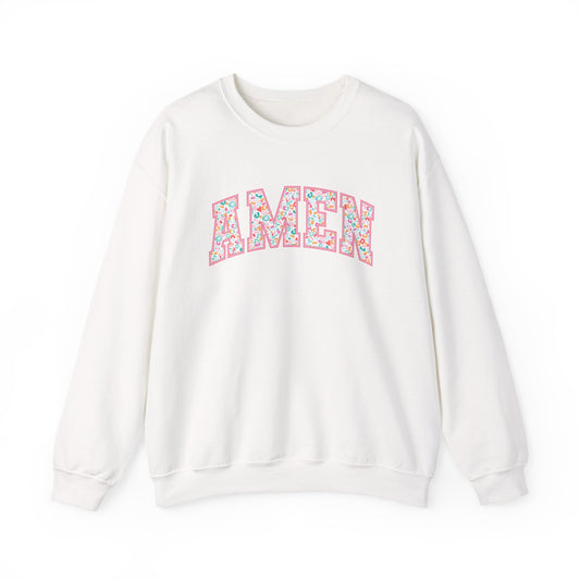 Amen Floral Crewneck Sweatshirt — White Cozy Christian Pullover