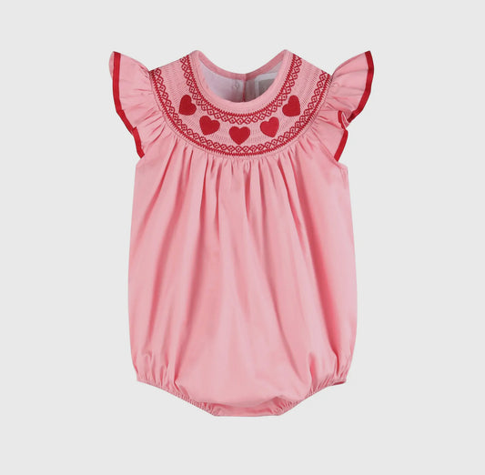 Pink Hearts Valentine Smocked Romper