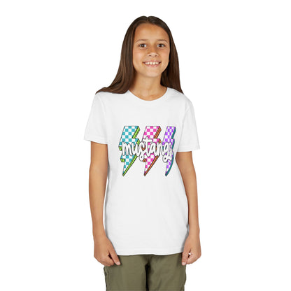 Vibrant Youth Tee - ‘Mustangs’ Graphic Short Sleeve Shirt for Kids, Perfect for Birthdays, Sports, Back to School, Gifts, and Casual Wear