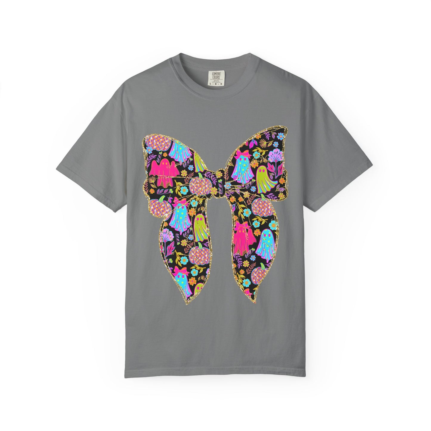 Colorful Ghosts Bow T-Shirt, Fun Halloween Top, Unisex Cotton Tee, Spooky Party Shirt, Whimsical Graphic T-Shirt, Perfect Gift for Occasions