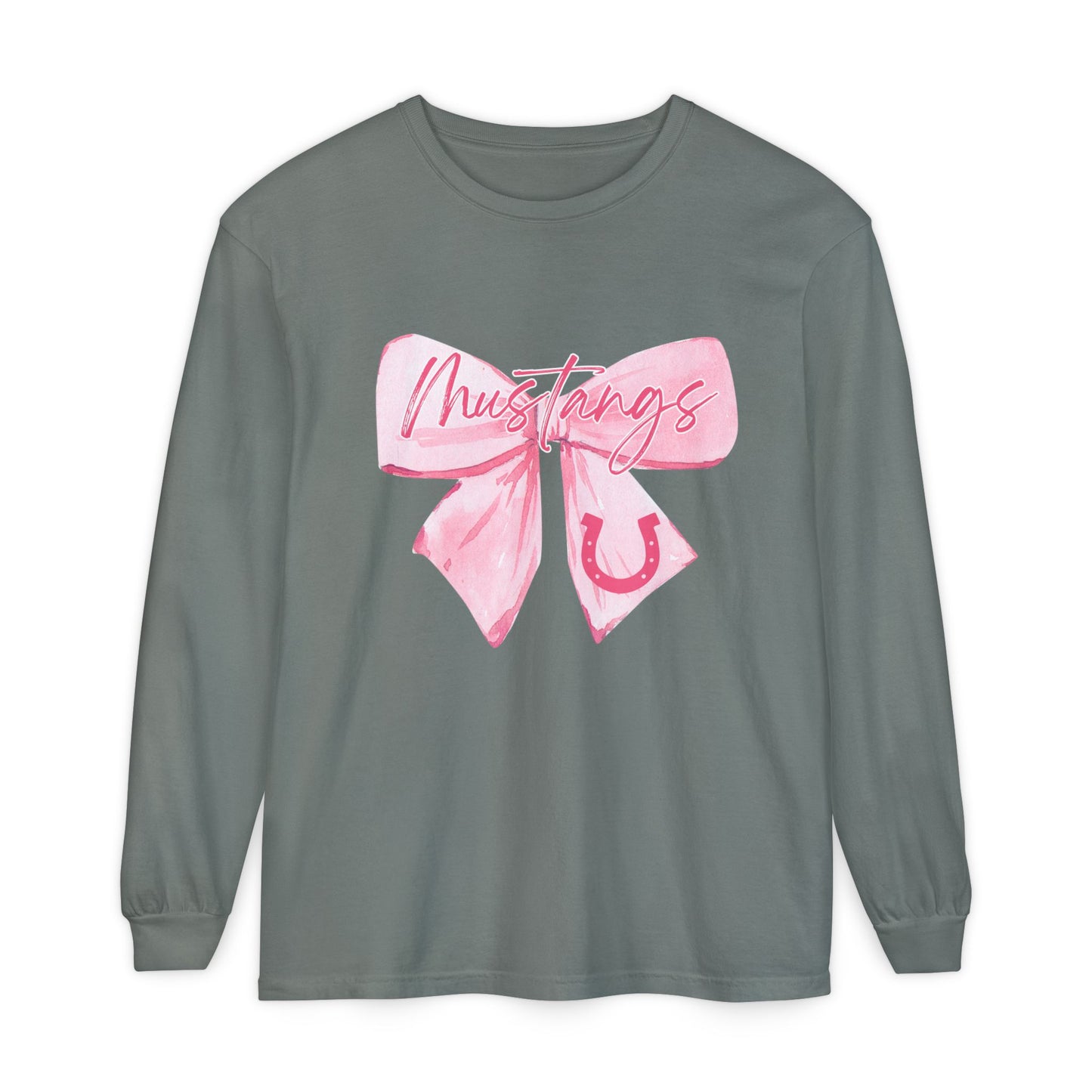 Mustangs Pink Bow Long Sleeve T-Shirt | Stylish Unisex Tee for Horse Lovers | Perfect Gift for Birthdays, Equine Events, or Casual Wear