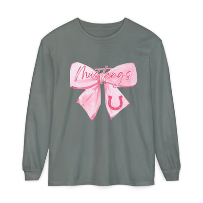 Mustangs Pink Bow Long Sleeve T-Shirt | Stylish Unisex Tee for Horse Lovers | Perfect Gift for Birthdays, Equine Events, or Casual Wear
