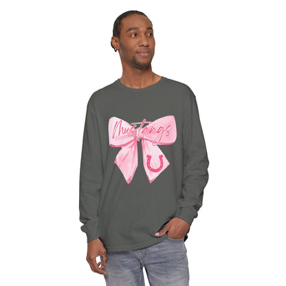 Mustangs Pink Bow Long Sleeve T-Shirt | Stylish Unisex Tee for Horse Lovers | Perfect Gift for Birthdays, Equine Events, or Casual Wear