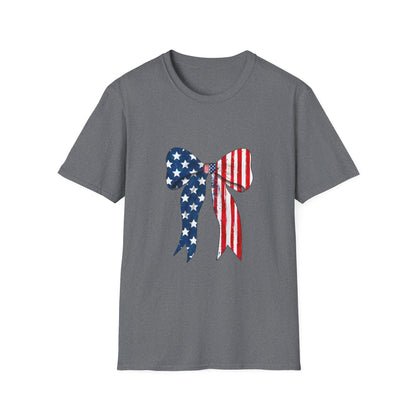 Patriotic Bow T-Shirt, American Flag Graphic Top, Unisex Tee for Fourth of July, Casual Wear, Gift for Veterans, Independence Day Apparel