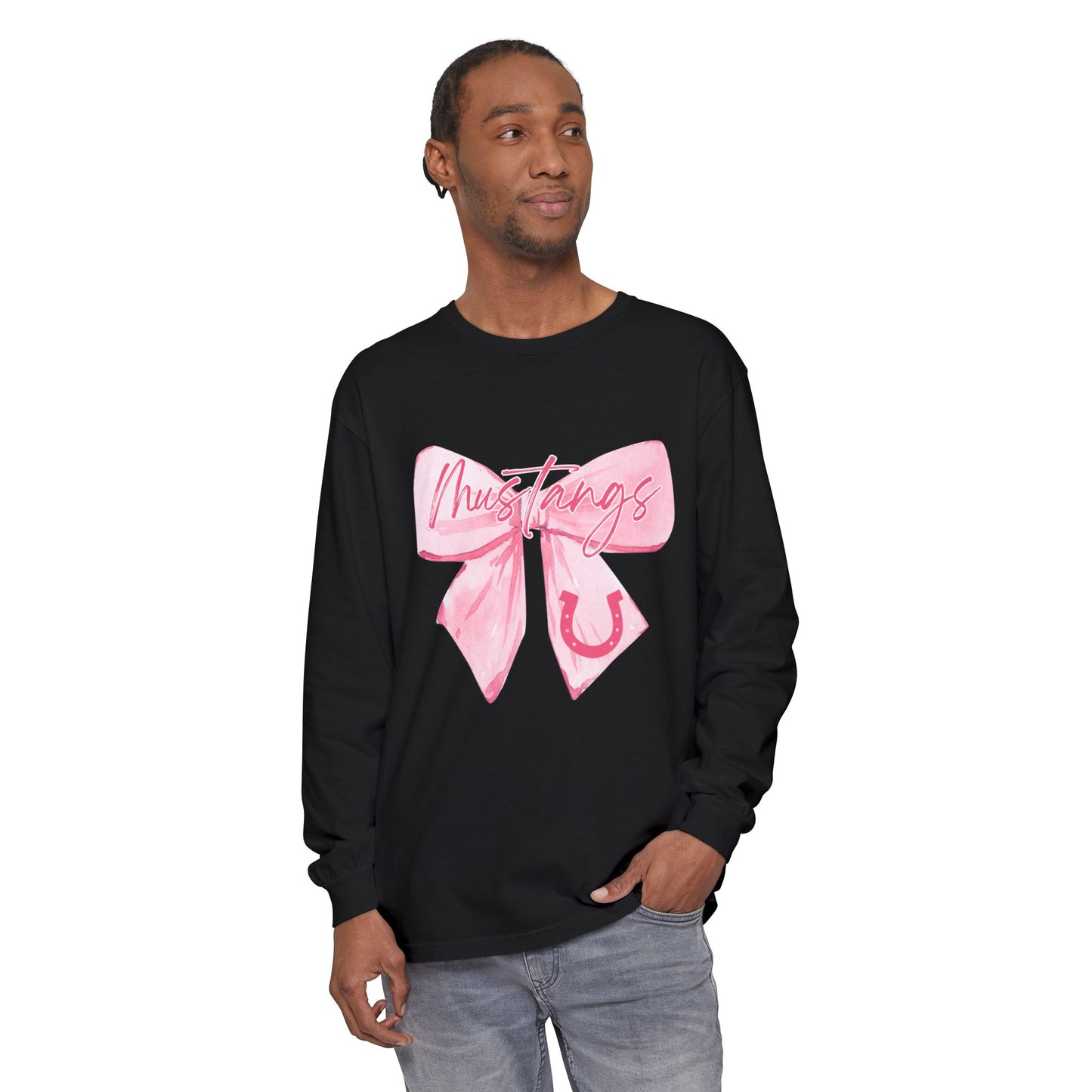 Mustangs Pink Bow Long Sleeve T-Shirt | Stylish Unisex Tee for Horse Lovers | Perfect Gift for Birthdays, Equine Events, or Casual Wear
