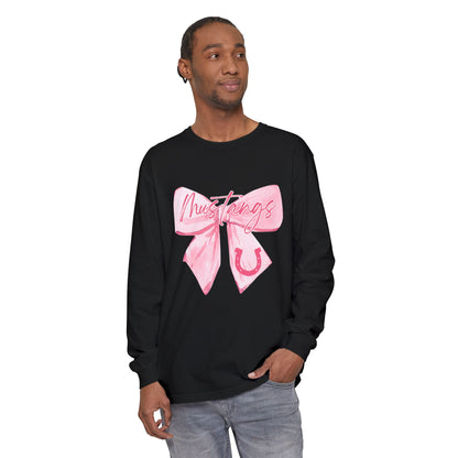 Mustangs Pink Bow Long Sleeve T-Shirt | Stylish Unisex Tee for Horse Lovers | Perfect Gift for Birthdays, Equine Events, or Casual Wear