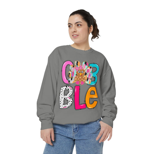 Cozy & Fun Garment-Dyed Sweatshirt with Colorful 'GOBBLE' Design