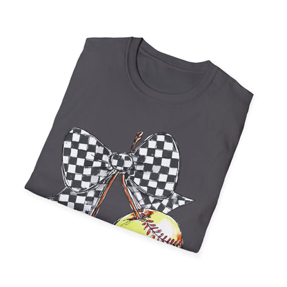 Softball Bow Unisex T-Shirt, Softball Mom Gift, Sporty Graphic Tee, Casual Wear, Team Spirit Shirt