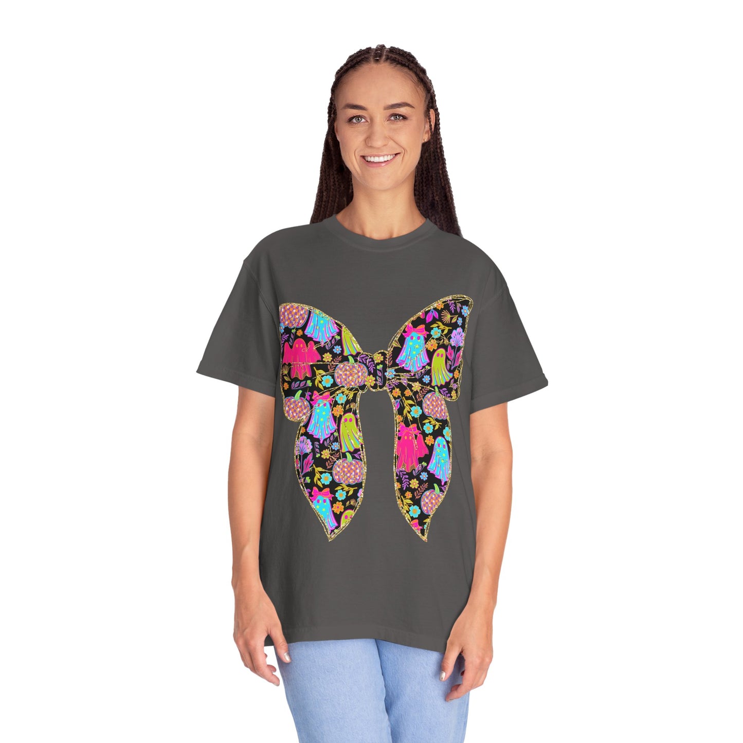 Colorful Ghosts Bow T-Shirt, Fun Halloween Top, Unisex Cotton Tee, Spooky Party Shirt, Whimsical Graphic T-Shirt, Perfect Gift for Occasions