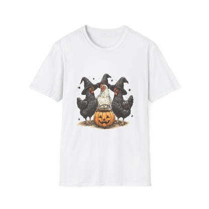 Halloween Witch Chickens Unisex Softstyle T-Shirt, Cute Fall Tee, Halloween Costume Shirt, Spooky Fun Apparel, Gift for Chicken Lovers