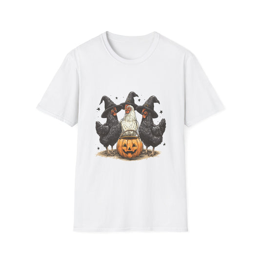 Halloween Witch Chickens Unisex Softstyle T-Shirt, Cute Fall Tee, Halloween Costume Shirt, Spooky Fun Apparel, Gift for Chicken Lovers