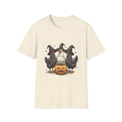 Halloween Witch Chickens Unisex Softstyle T-Shirt, Cute Fall Tee, Halloween Costume Shirt, Spooky Fun Apparel, Gift for Chicken Lovers