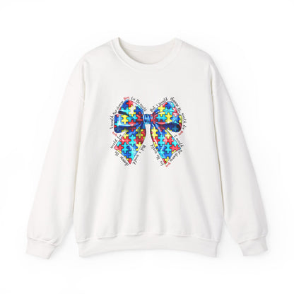Autism Awareness Puzzle Bow Sweatshirt, Unisex Crewneck, Cozy Gift for Families, Support Autism, Everyday Wear, Holiday Apparel