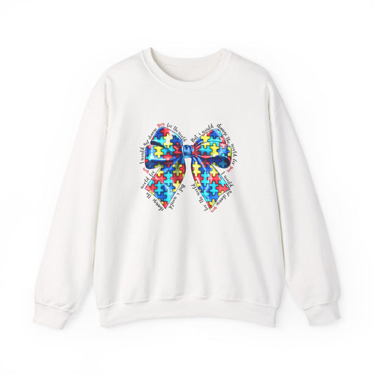 Autism Awareness Puzzle Bow Sweatshirt, Unisex Crewneck, Cozy Gift for Families, Support Autism, Everyday Wear, Holiday Apparel