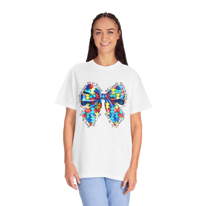 Colorful Puzzle Bow T-Shirt, Autism Awareness Tee, Unisex Comfort T-Shirt, Gift for Her, Gift for Him