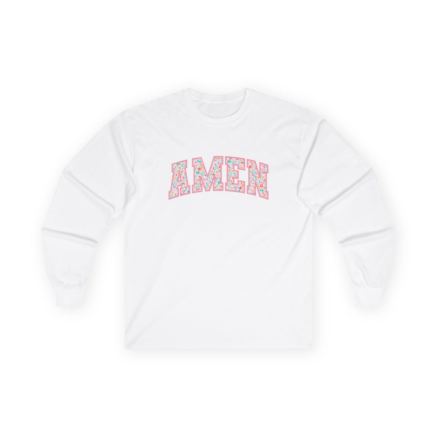 Amen Floral Long Sleeve Tee — White Cotton Graphic Shirt