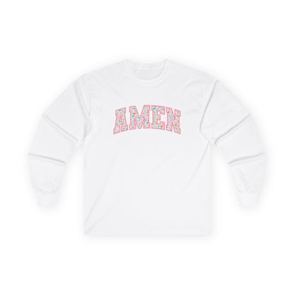 Amen Floral Long Sleeve Tee — White Cotton Graphic Shirt