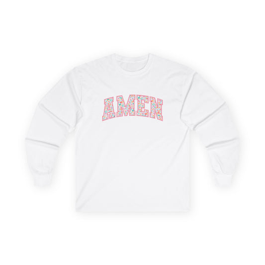 Amen Floral Long Sleeve Tee — White Cotton Graphic Shirt